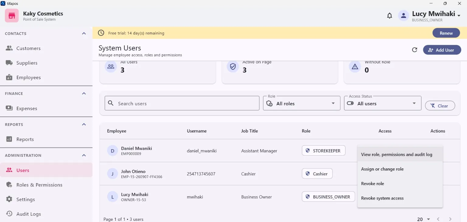 AiWeapX POS system user actions.