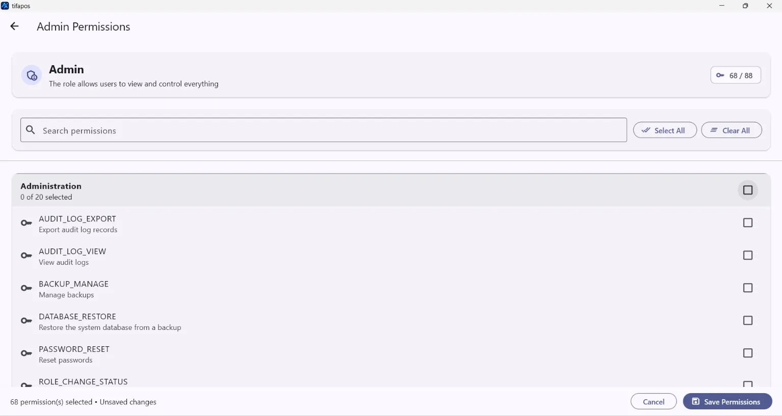 AiWeapX POS assign permissions screen.