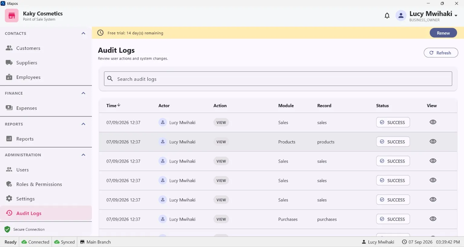 AiWeapX POS audit log screen.