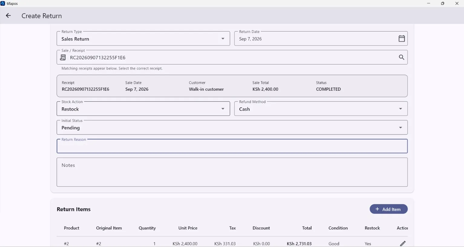 AiWeapX POS create return screen.