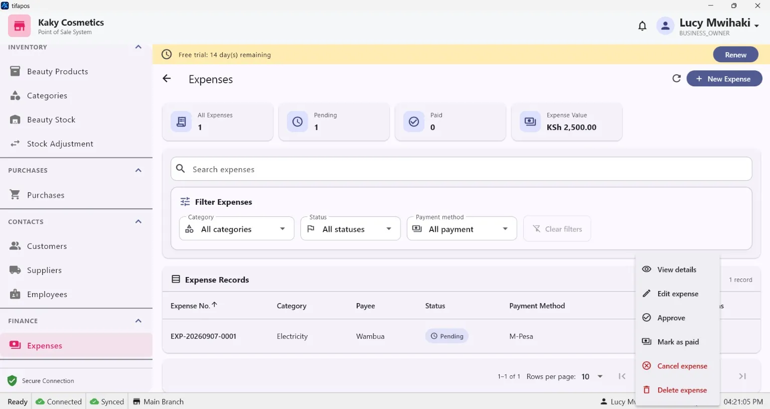 AiWeapX POS expenses list.