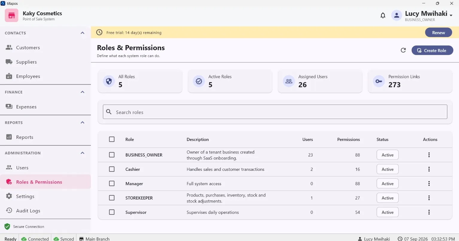 AiWeapX POS roles and permissions screen.