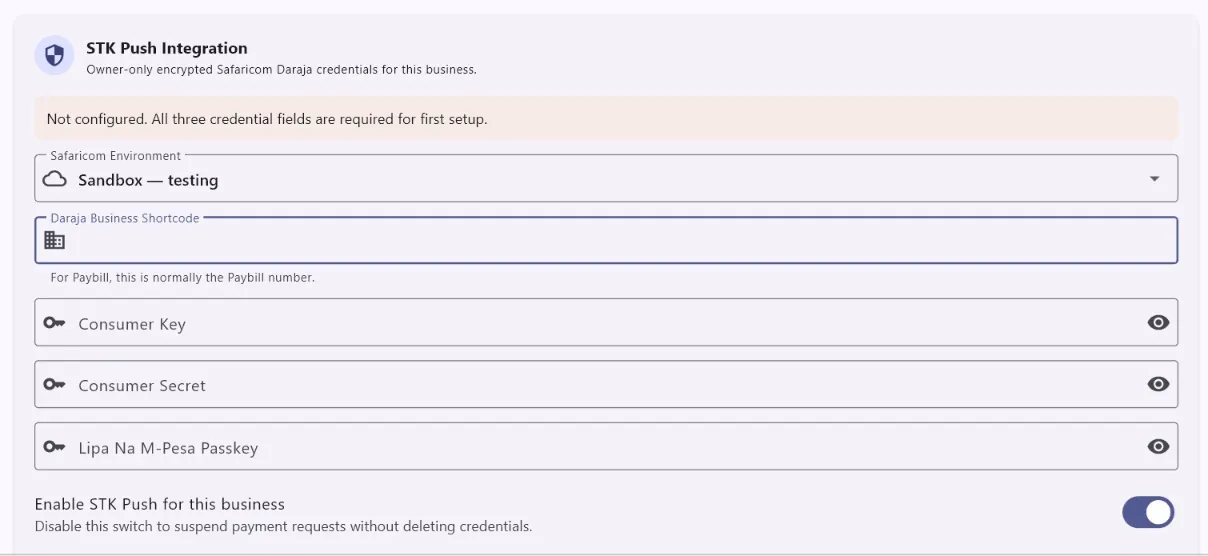 AiWeapX POS M-Pesa integration settings.