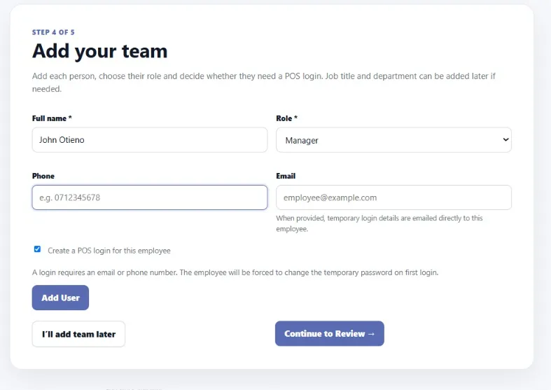 AiWeapX POS team setup screen.