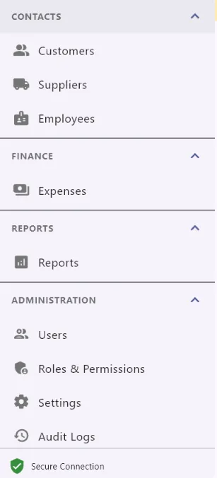 AiWeapX POS administration navigation showing customers, suppliers, employees, expenses, reports, users, roles, settings and audit logs